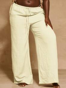MUSERA Plus Size Mid Rise Wide Leg Drawstring Waist Trousers Vacation Beachwear Elegant Holiday Cute Summer Spring Party - Cream - View 2