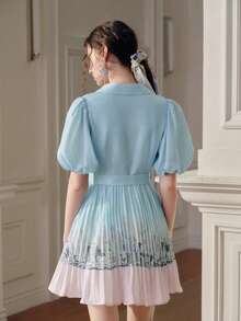 Anewsta Vestido camisa de botones con cintura ceñida, nuevo para primavera/verano. Vestido azul plisado con mangas de pétalo y silueta evasé - Multicolor - Ver 3