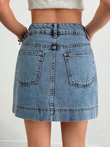 SHEIN Woman High Waist Denim Mini Casual Washed Blue Skirt Button Front - Light Wash - View 6