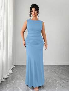 Elenzga Vestido de línea A de cuello redondo sin mangas elegante para mujer, diseño de cintura fruncida, tela de punto sólida - Azul - Ver 7