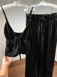 Comfortcana Bộ đồ hai mảnh gồm áo hai dây và quần dài bằng vải lanh đen dành cho nữ, trang phục mùa hè. - màu đen - Xem 6