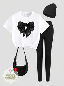 SHEIN Sparklyn 春夏休闲时尚创意个性清新别致简约亮黑色蝴蝶结装饰印花宽松T恤和打底裤套装，舒适日常穿着，适合春、夏、秋季少女穿着。 - 彩色 - 查看 4