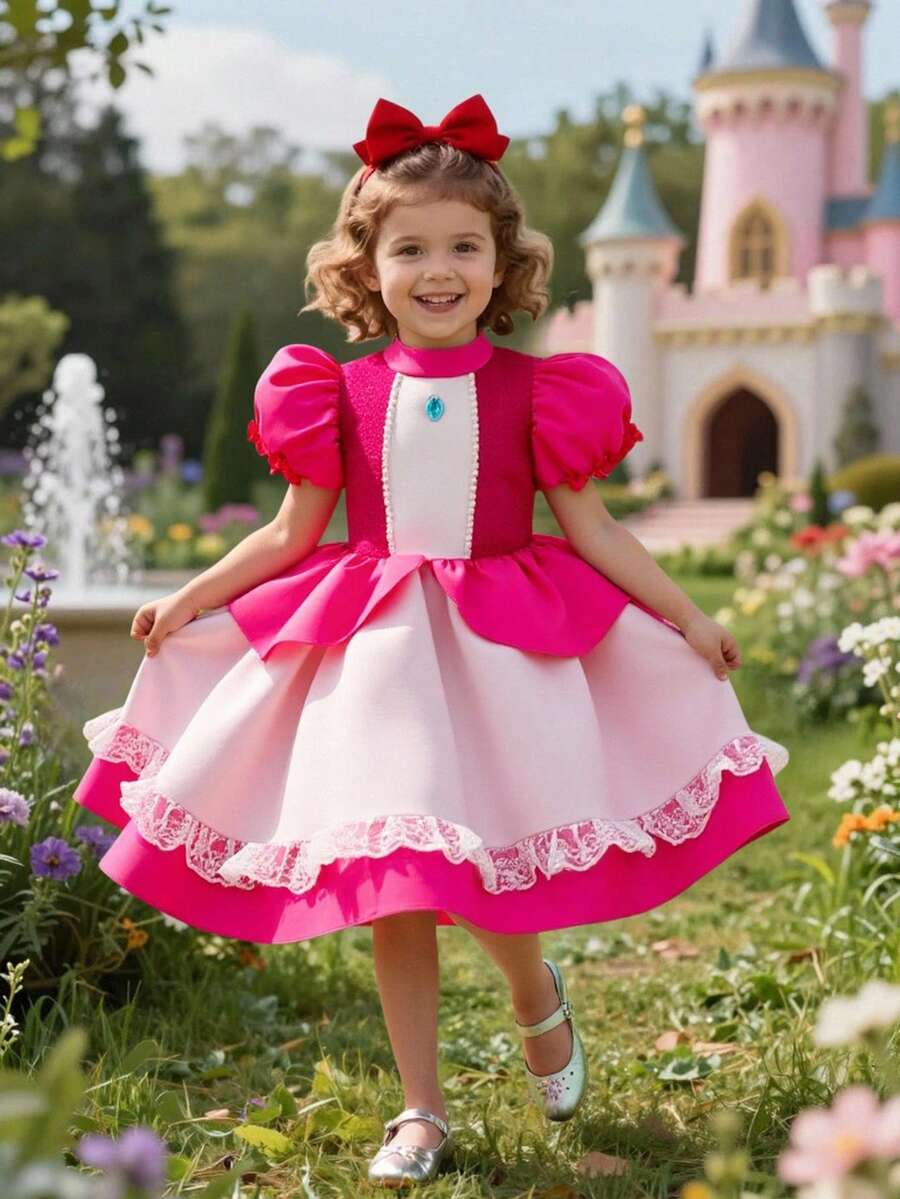 SHEIN Glamorique Kids Young Girl' Princess Dress,Satin Puff Sleeve Blush Pink Summer First Birthday Formal Dress With Pearl Ribbon,Gems,Lace Trim,Kids Party Wedding Outfits - Hot Pink - View 1