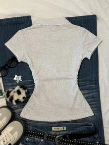 Glimmora T-shirt décontracté à manches courtes avec bordure contrastée pour femmes, été - Gris - Voir 2