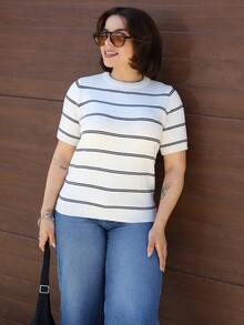 Lupita Cardoza Top tricotat casual pentru femei, cu guler rotund și mânecă scurtă, cu dungi, toamnă pentru femei, iarnă, Anul Nou pentru femei, petrecere, nuntă, absolvire, elegant, casual, vară - Caisă - Vizualizare 6