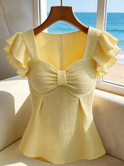 SHEIN Elenzya Elegante camiseta amarilla de manga corta con escote de ojo de cerradura, romántica para vacaciones