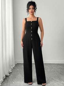 Elenzga 大码女式休闲日常通勤纯色宽松阔腿连体裤，带侧袋 - 黑色 - 查看 6