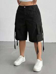 POPSWAY Plus Size Fashionable Casual Sweet Cargo Pants, Mid-Length Shorts, Suitable For Outings, Daily Wear, Back To School In Summer - Black - View 3