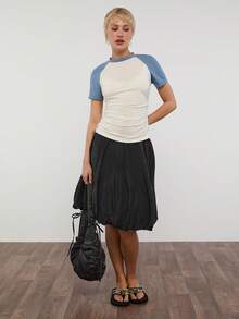 COUREZ Áo thun tay ngắn raglan / Trang phục mùa hè Y2K cho nữ, Áo trắng tay ngắn, Trang phục đi chơi, Trang phục lễ hội âm nhạc, Trang phục đi xem hòa nhạc, Áo mùa hè, Trang phục mùa hè cho nữ - Xanh và trắng - Xem 3