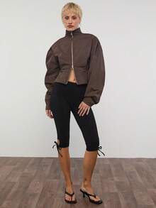 COUREZ Quần legging lửng cạp trung có dây buộc ở gấu quần / Trang phục mùa hè phong cách Y2K cho nữ, Trang phục mùa xuân cho nữ, Trang phục mùa hè đi chơi, Quần lửng mùa hè cho nữ, Quần lửng đen cho nữ - màu đen - Xem 2