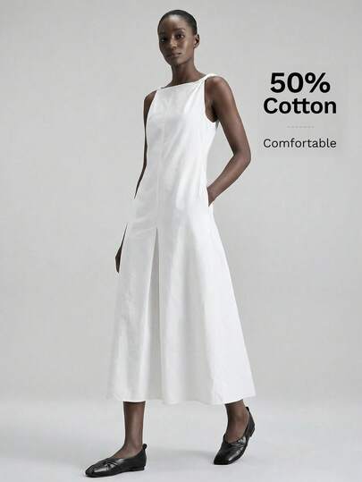 Ontre 2026SS New Women's Long Dress, Woven Fabric, Rotational Spaghetti Strap Dress, Vacation Style, Holiday Outfit, Women's White Dress, Waist Cinched Sleeveless Boat Neck, Minimalist Elegant Urban Chic Versatile Commute Teacher Outdoor Summer Holiday Outfit, Women's Casual Dress, Women's Beach Outfit, Long Wedding Guest Dress, Party Dress, Elegant Dress, Fashion Design Sense Big A-Line Pleated Design, Tea Party Romantic Date Outfit, Comfortable Fabric Loose Waist Design, Popular Women's Long Dress
