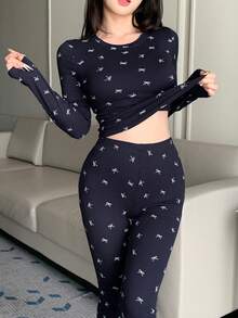 DAZY Allover Bow Print Lightweight Fitted Pajama Set, Fall Winter Clothes - Navy Blue - View 3