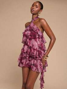 SHEIN BAE Women's Pink Floral Summer Flower Power Night Out Red Tie Dye Halter Neck Ruffle Hem Mini Dress,Suitable For Party,Vacation,Banquet,Wedding,Date - Burgundy - View 6