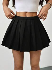 SHEIN PETITE 音乐节性感夜店风学院风迷你百褶裙 - 黑色 - 查看 9