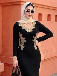 Elenzga Women's Elegant Solid Color V-Neck Gold Lace Trim Long Sleeve Fitted Bodycon Dress, Suitable For Women's Parties, Dates, Parties, Commuting, Daily Wear, Autumn/Winter Season, Women's Long Dress With Gold Lace Trim, Women's Long Sleeve Dress - Black - View 3