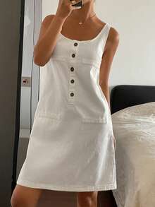 DAZY Đầm denim ngắn không tay cổ vuông mùa hè dành cho nữ, kiểu dáng thường ngày. - trắng - Xem 2