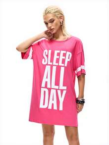 夏季休闲口号印花宽松睡袍 - 玫紅色 - 查看 5