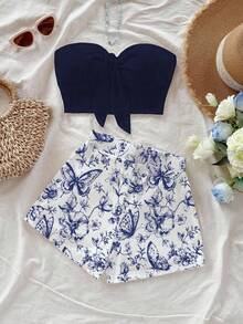 Soleia 女士度假纯色打结抹胸上衣和蝴蝶印花短裤两件套 - 藏蓝色 - 查看 4