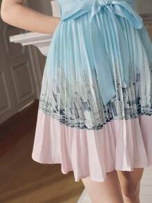 Anewsta Vestido camisa de botones con cintura ceñida, nuevo para primavera/verano. Vestido azul plisado con mangas de pétalo y silueta evasé - Multicolor - Ver 4