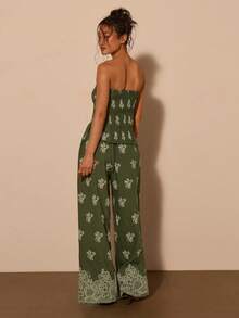 COSMINA Women's Elegant Casual Embroidered & Printed Bandeau Top And Pants Set - Green - View 2