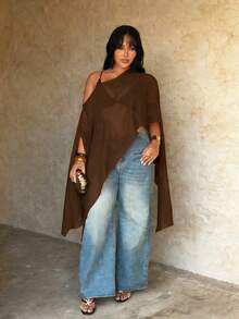 Rustia Plus Size Brown Plain Asymmetrical Hem Semi-Sheer Cloak Sleeve Regular Length Blouse - Brown - View 7