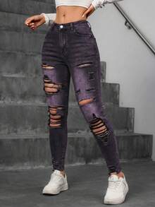 Jeanoix Casual Washed Distressed Slim Fit Denim Jeans - Red - View 3