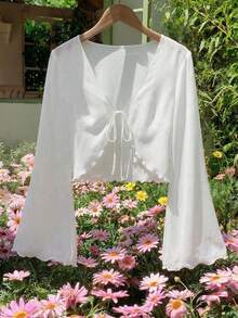 SHEIN MOD 加大码 V 领喇叭袖系蝴蝶结衬衫喇叭袖上衣白色衬衫白色 - 白色 - 查看 5