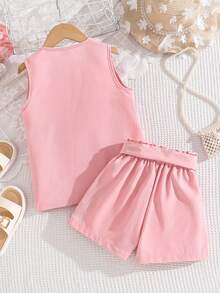 SHEIN Genkimix Kids 2件套幼儿女童无袖外套配蝴蝶结腰带和短裤休闲时尚套装，日常穿着，姐妹装（2套单独出售） - 粉色 - 查看 2