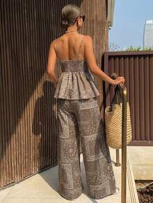 Livesso 夏季度假装束：腰果印花吊带背心和长裤两件套，女士波西米亚风 - 棕色 - 查看 2