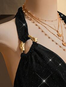 SHEIN ICON Mono de talla grande con unicolor, cuello halter, decoración metálica y espalda descubierta - Negro - Ver 6