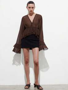 Aveloria Modichic Women's Elegant Dark Brown Summer Chiffon Blouse Deep V-Neck Drawstring Waist Fit And Flare Double Layer Ruffle Hem Flare Sleeve Night Out Retro Tops - Brown - View 5