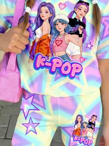 Camiseta casual de manga corta con estampado de letras y estrellas para niña - Multicolor - Ver 4