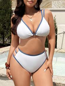 SHEIN Swim Mod 大码女式两件套纯色吊带网纱罩衫性感沙滩度假比基尼泳衣 - 白色 - 查看 3