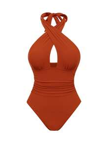 Swim Oasis New Arrival Solid Color Hollow Cross Halter One-Piece Swimsuit With Printed Cover-Up Skirt Beach Set For Women - Orange - View 4