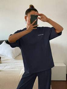 DAZY 2pcs Women Sleepwear Set, Letter Print Soft & Cozy Lounge Set Pajama - Navy Blue - View 3