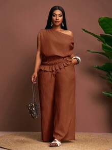 Veslaya Bộ trang phục 2 mảnh cao cấp màu mơ thanh lịch gồm áo không tay cổ lệch eo và quần ống rộng - Gỗ đỏ - Xem 2