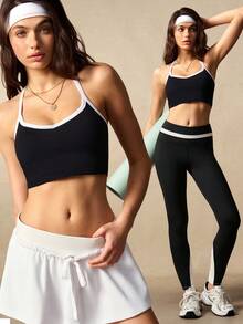 VARSIVA Contrast Color Trim Super Short Sports Halter Top - Black and White - View 14