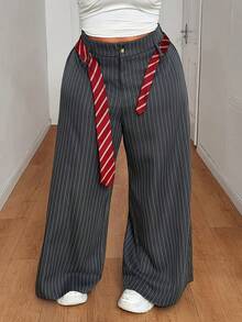 Maweii 大码女式灰白条纹直筒裤，抽绳腰带，休闲街头风 - 灰色 - 查看 4