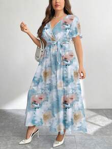 Modelyn Gaun Longgar Ukuran Besar Bergaya Retro Minimalis Elegan Kasual dengan Motif Bunga, Cocok untuk Musim Panas/Liburan, Warna Putih - MultiWarna - View 5
