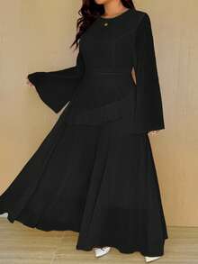 Vionelle Plus Size Solid Color Round Neck Ruffle Hem Elegant Long Sleeve Dress - Black - View 6