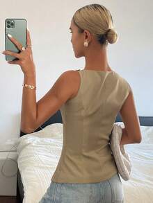 DAZY Women's Sleeveless Solid Color Waist Gathered Oblique Collar Split Pearl Button Elegant Formal Summer Blouse School - Khaki - View 9