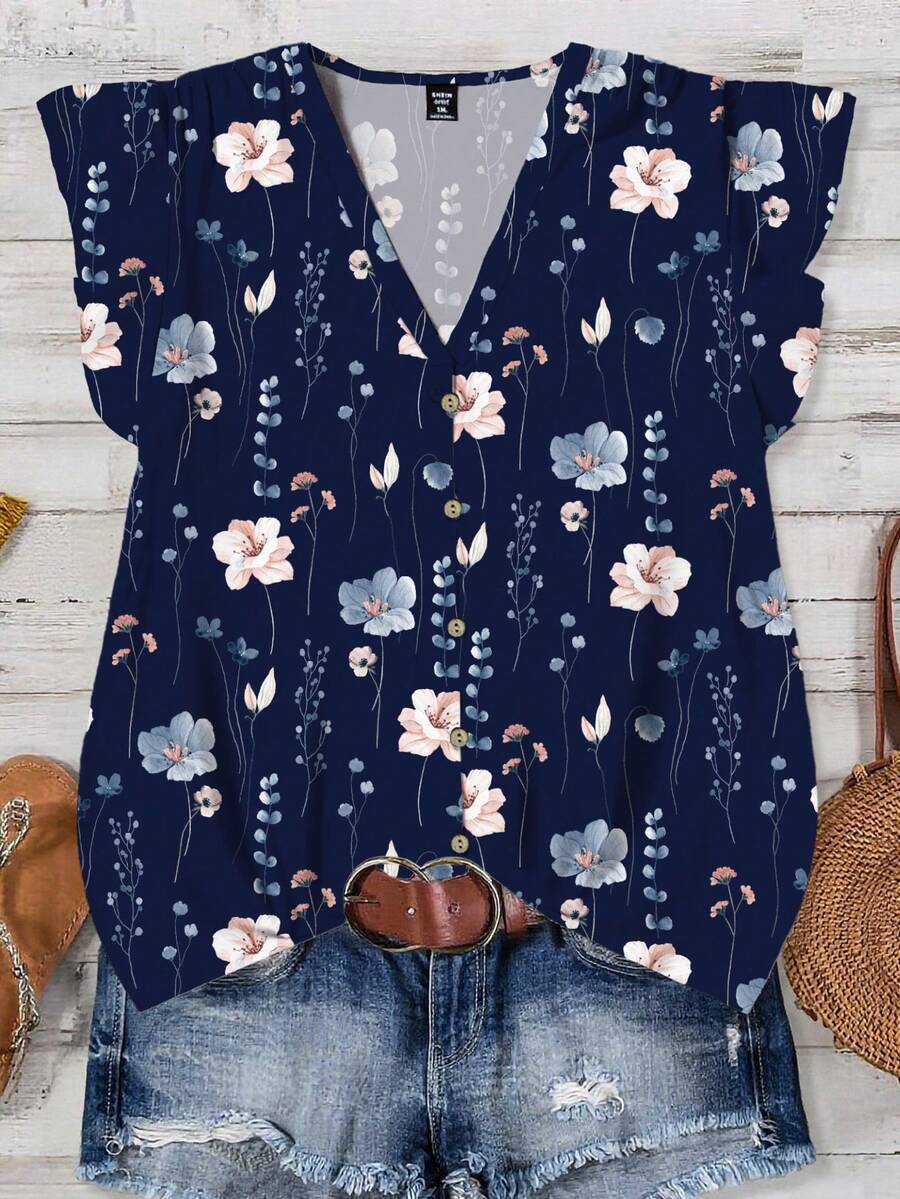 SHEIN LUNE Blus Kasual Tanpa Lengan Leher V Motif Bunga untuk Wanita, Cocok untuk Musim Panas, Atasan Musim Panas - MultiWarna - View 1