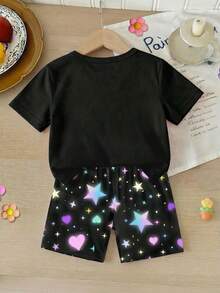 2件套女童时尚韩流女团图案印花黑色圆领短袖上衣和星星爱心图案印花短裤针织弹力休闲睡衣套装（在紫外线下发光，关闭后立即消失） - 黑色 - 查看 2