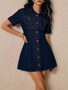 Poéselle Đầm denim nữ kiểu dáng thường ngày cài cúc phía trước, thích hợp cho mùa hè. - Màu xanh lam - Xem 3