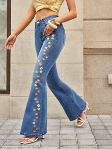 Selenza 女士花卉图案优雅牛仔裤 - 藍色 - 查看 2