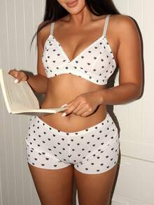 Lowkey Lull 3pcs/Set Heart Print Bra And Panty Lingerie Set - Multicolor - View 6