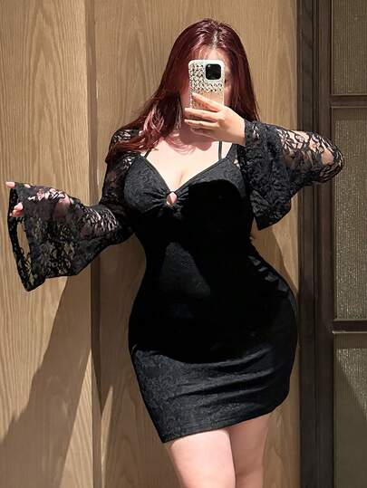 Vibekara 大码露肩收腰蕾丝紧身连衣裙