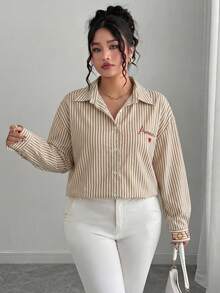 Elenzga 大码女式法式条纹刺绣爱心衬衫 女士衬衫 细条纹衬衫 刺绣衬衫 定制衬衫 长袖衬衫 - 卡其色 - 查看 6