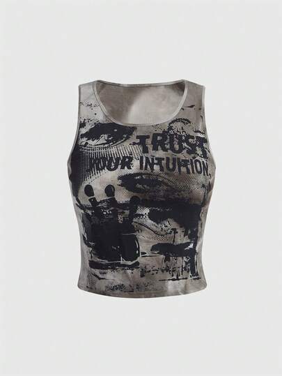 ROMWE Grunge Punk 扎染眼睛字母印花背心，学校