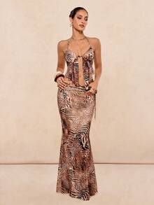 Lumalex Bộ đồ hai mảnh gợi cảm dành cho nữ: áo crop top hở lưng buộc dây phía trước và chân váy đuôi cá, họa tiết da báo, phong cách đi biển/nghỉ dưỡng. - Rỉ Nâu - Xem 13